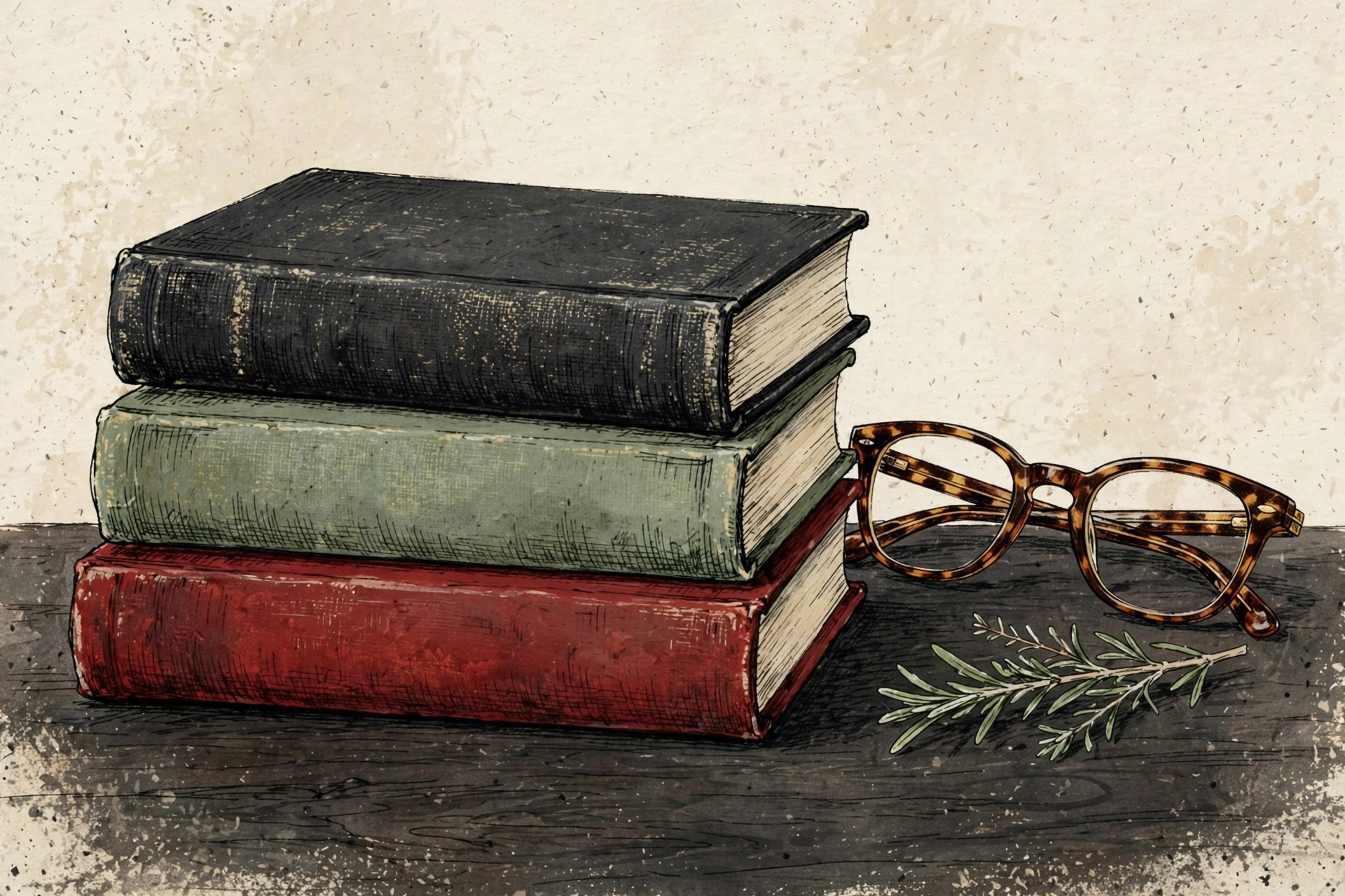 Stack of unmarked classic novels beside reading glasses and rosemary