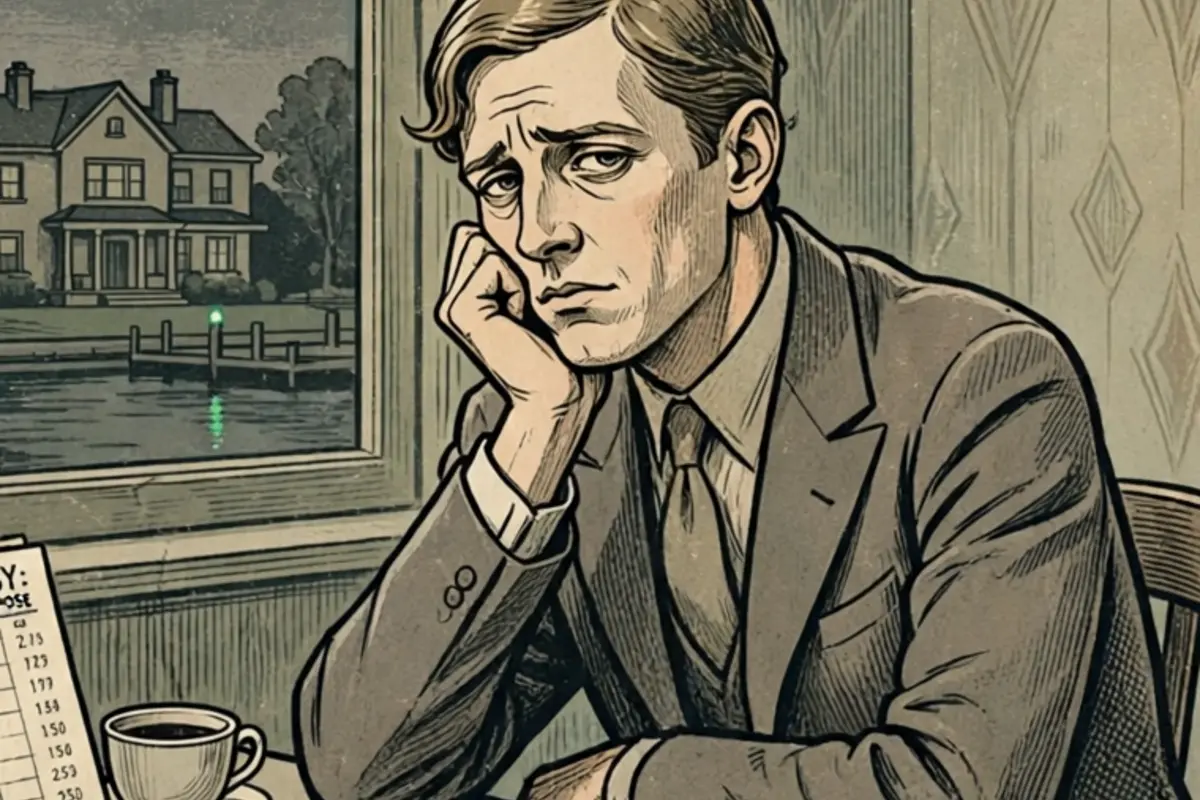 Illustration of a bored young man in a 1920s suit beside a window and a distant green light
