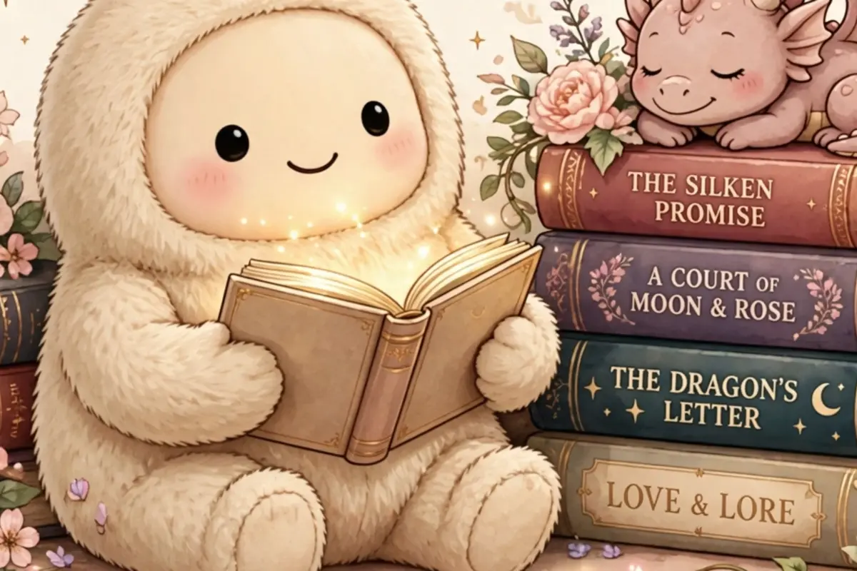 Playful illustrated reader with a tiny dragon among flowers and fantasy books