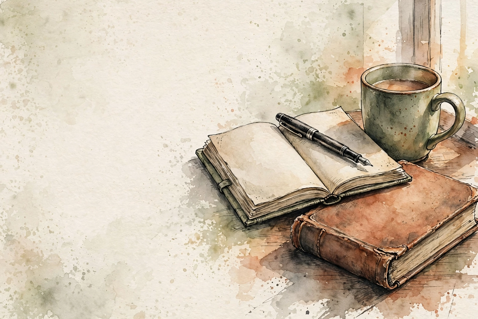 Open notebook, fountain pen, novel, and mug in warm window light