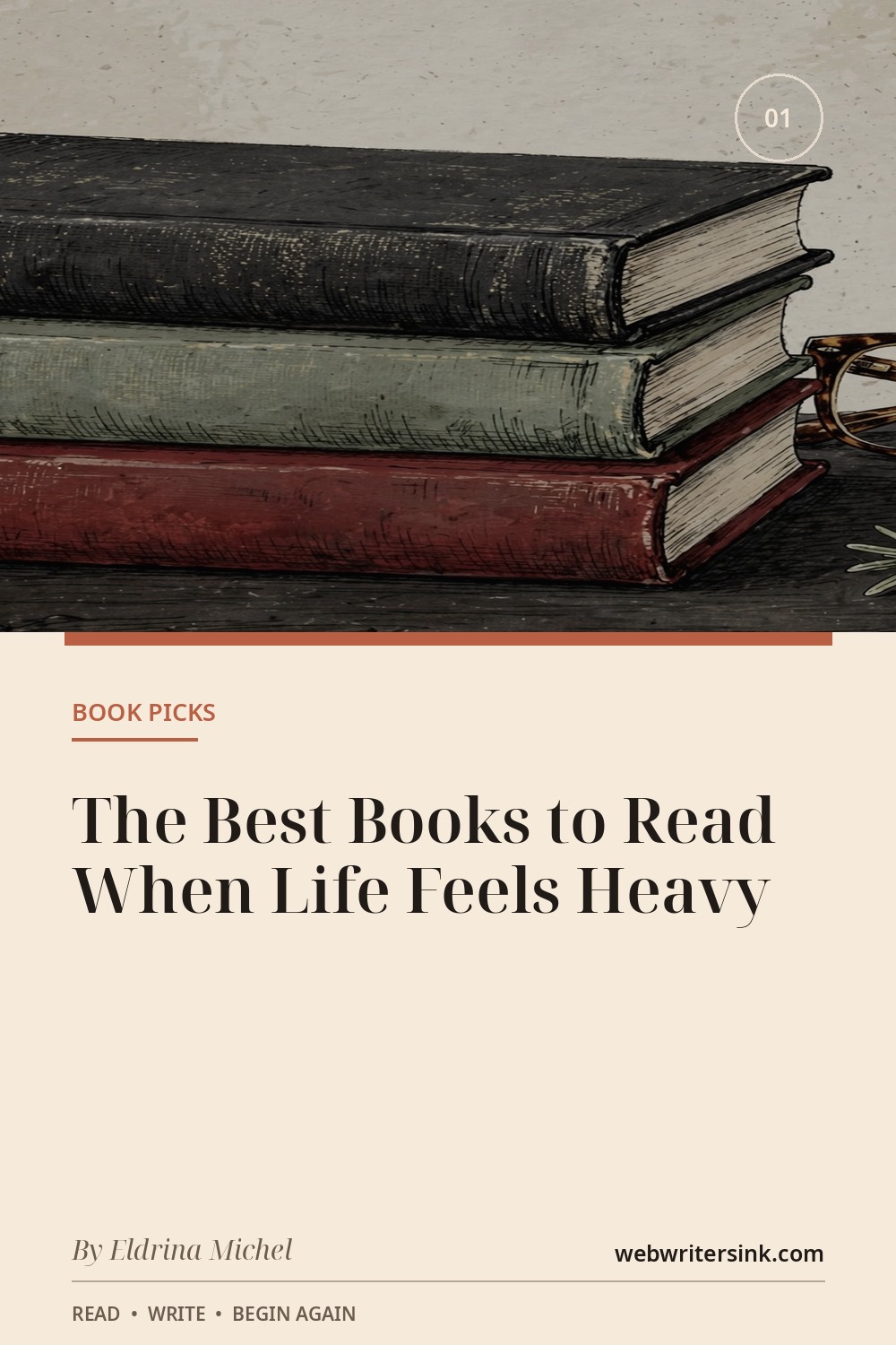 Illustrated stack of worn books and reading glasses