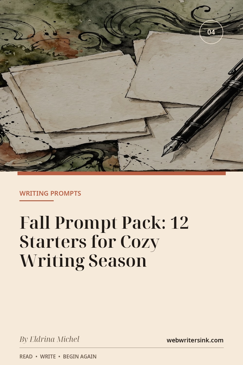 Autumn writing desk illustrated with a fountain pen, leaves, and warm paper