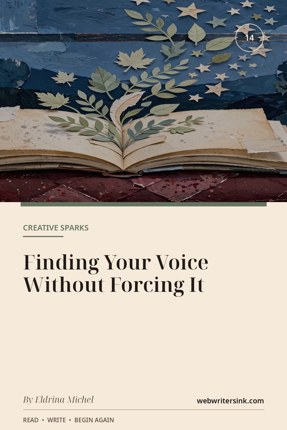Illustrated open pages and expressive ink lines suggesting a writer’s voice