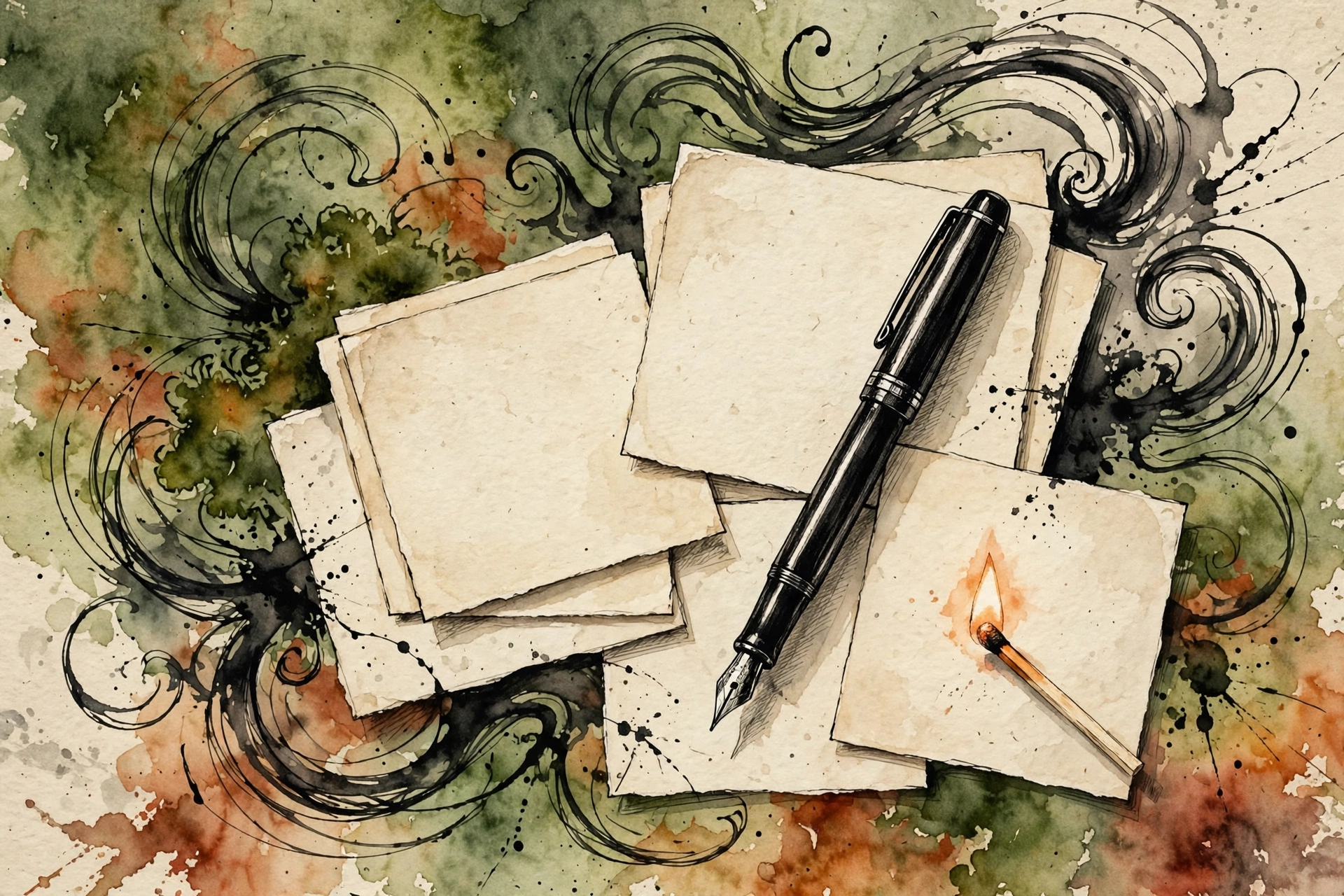 Loose pages, fountain pen, and ink sketches on a writing desk