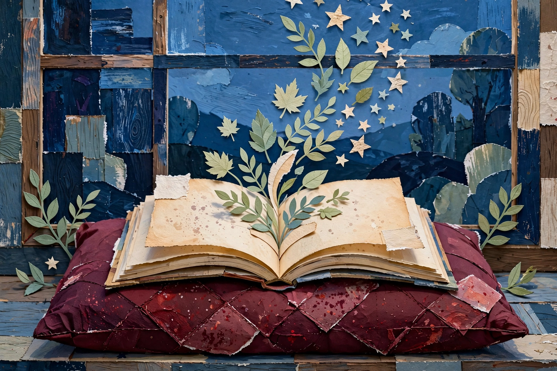 Open book by a window with cut-paper stars and leaves rising from its pages